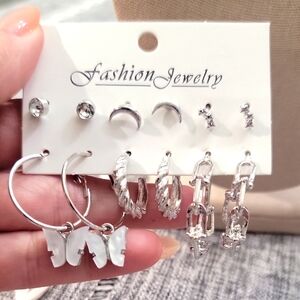 Cottagecore Silver Stud/Hoop/butterfly Earring Set